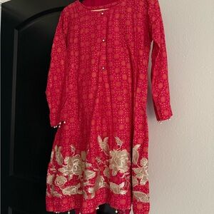 Elegant Red Floral Long Sleeve Dress / Indian Pakistani 3 pc shalwar kameez suit